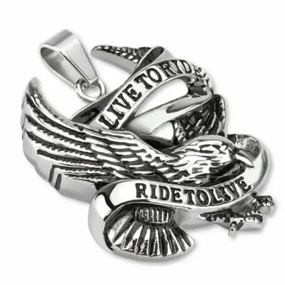 22 inch Necklace Pendant of Eagle in Flight with Banner Live to Ride Slogan - Picture 2 of 5